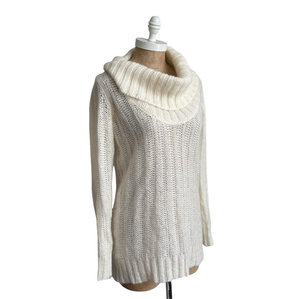 Ann Taylor Ivory Mohair Blend Cowl Neck Sweater Soft Ribbed Knit SMALL